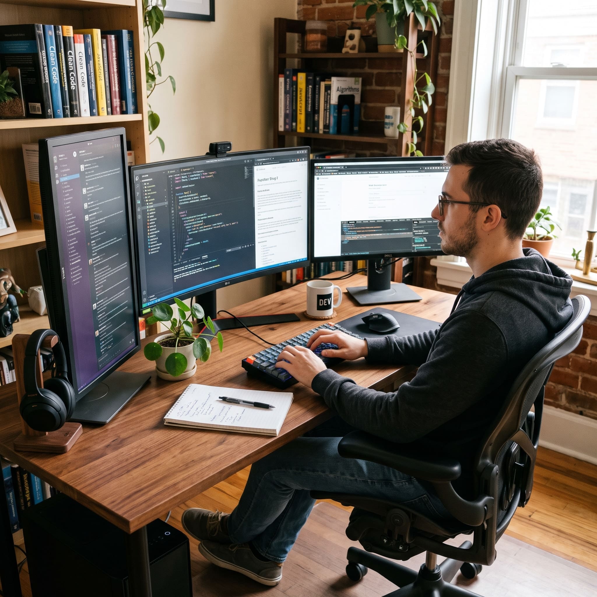 Programuotojas dirba prie kelių monitorių namų biure